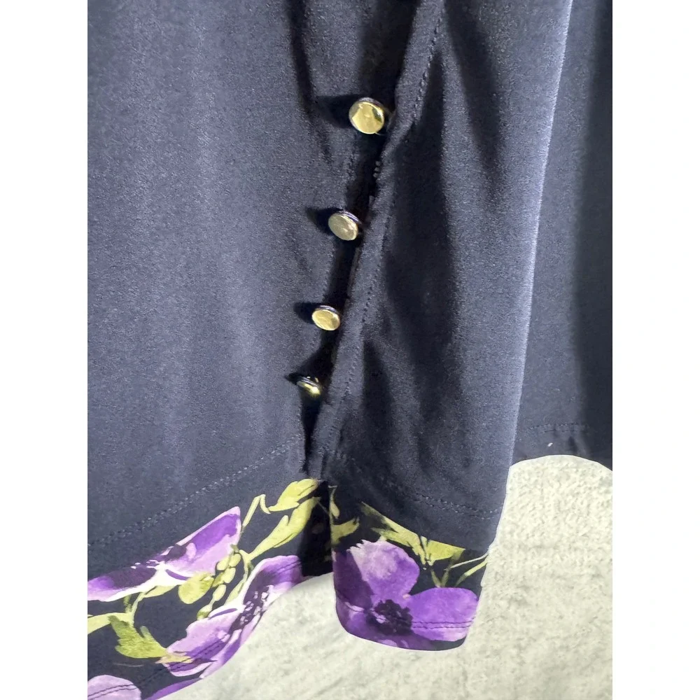Susan Graver Navy Blue Floral Trim Long Sleeve Top Gold Button Detail Large